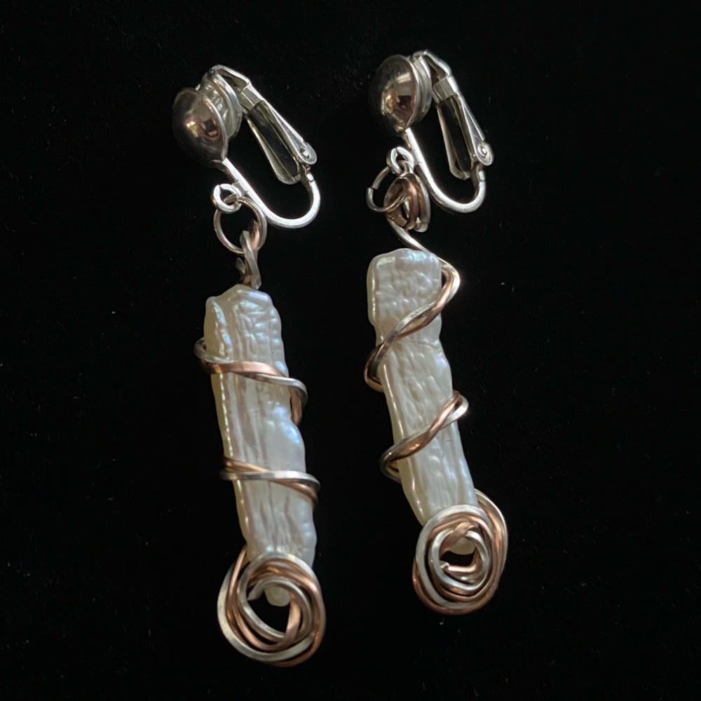 Freshwater Pearl Stick Wore Wrapped Clip On Dangle Earrings Silver & Copper 2"